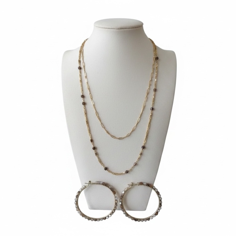 Gold Tone Layered Beaded Necklace & Hoop Earrings Neutral GUC Boho Jewelry Set